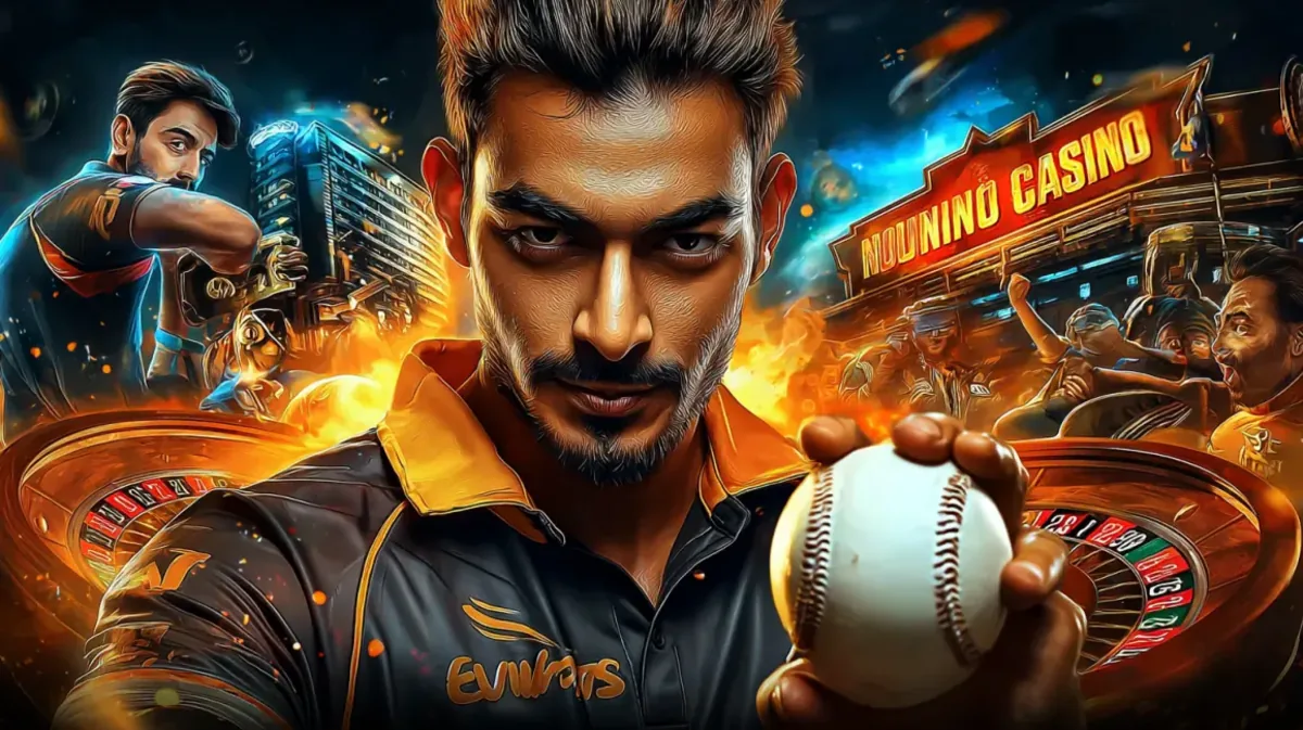 একজন তীব্র ক্রিকেট খেলোয়াড় একটি cricket বল ধরেছেন একটি সম্মিলিত ছবিতে, যেখানে খেলার স্টেডিয়ামকে 4999bet গেমিং প্ল্যাটফর্মের উজ্জ্বল নিয়ন-আলোর পরিবেশের সাথে মেলানো হয়েছে।