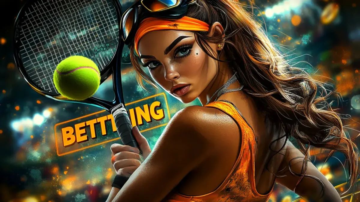একজন একাগ্র নারী টেনিস খেলোয়াড় 4999bet-এ স্পোর্টস গেমিং-এর এই গতিশীল প্রচারণার জন্য বলটি মারতে প্রস্তুত হচ্ছেন, আর পটভূমিতে একটি জ্বলন্ত গেমিং সাইন দেখা যাচ্ছে।