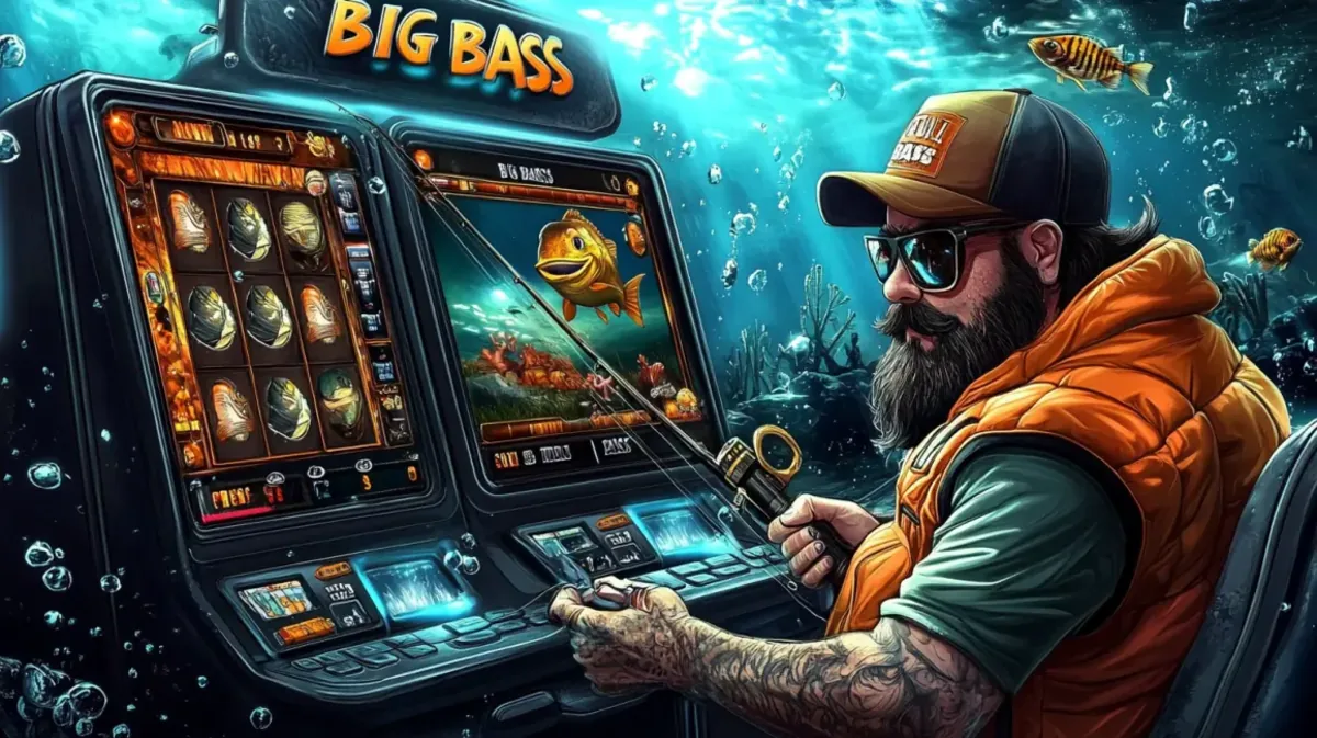 4999bet-এ সানগ্লাস-ধরা দাড়িওয়ালা জেলে Big Bass নামে একটি গেম খেলছেন। মেশিনটির স্ক্রিনে পানির নীচের সেটিংয়ে মাছ ধরার থিমটি দেখা যায়।