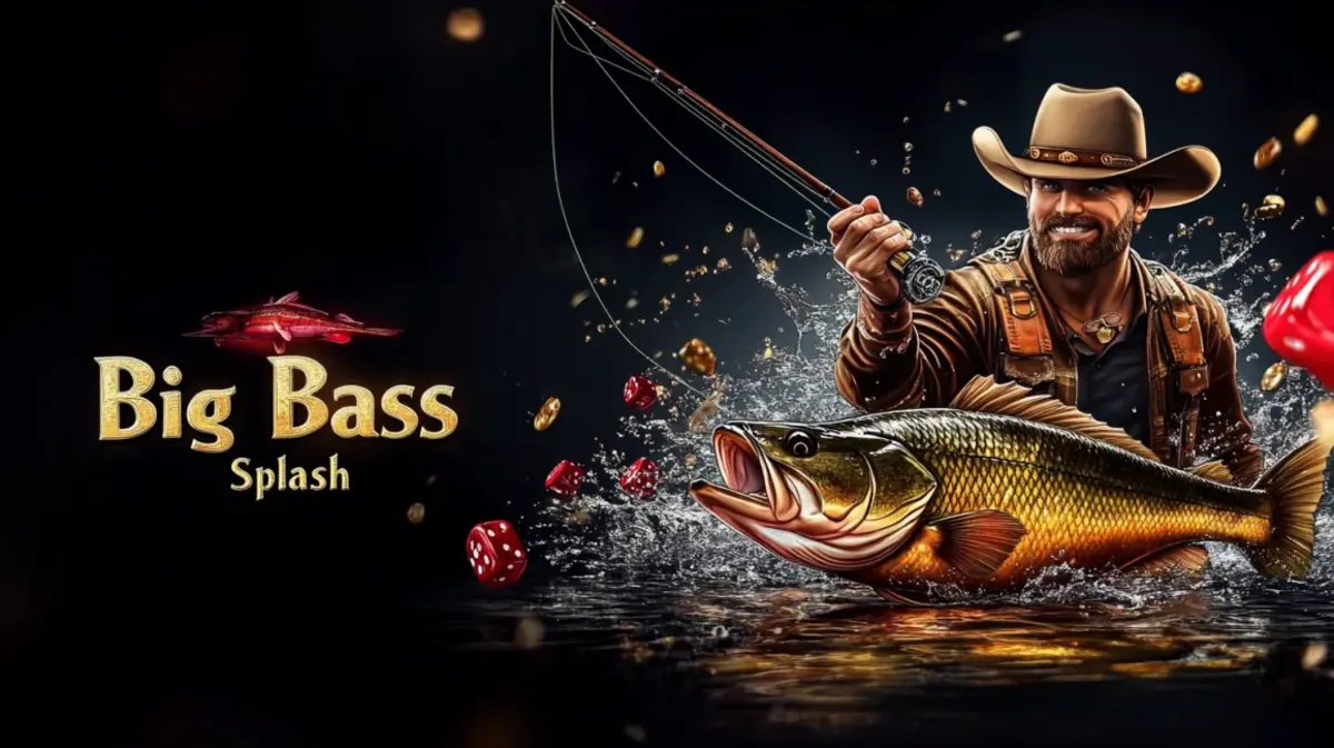 4999bet-এ Big Bass Splash গেমটির প্রচারণায় হাসিখুশি এক জেলে কাউবয় হ্যাট পরে একটি বড় Bass মাছ টানছেন।