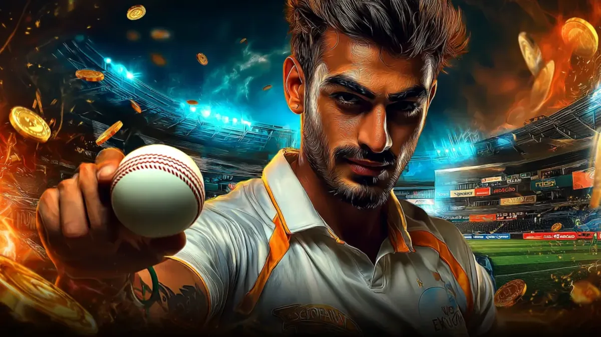 একটি মনোযোগী ও তীব্র মনোভাবাপন্ন পুরুষ ক্রিকেট খেলোয়াড় ভিড়ভর স্টেডিয়ামে একটি ক্রিকেট বল উঁচু করে ধরেছেন, 4999bet-এ ক্রিকেট-গেমিংয়ের উত্তেজনাপূর্ণ জগতকে প্রচারছেন। স্বর্ণালী কয়েন ও আগুন-প্রভাব নাটকীয়তা বাড়ায়।