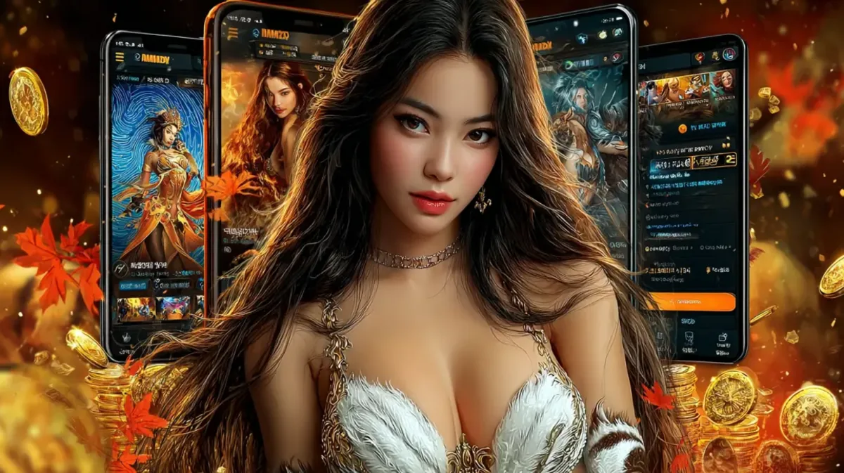 A beautiful woman with ornate white and gold attire is surrounded by smartphones showcasing the fantasy game character selection screens on the 4999bet app.
