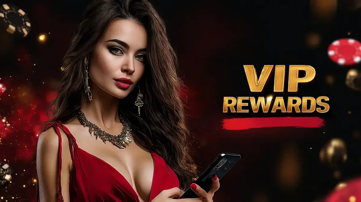 An elegant woman in a red dress holds a phone in a sophisticated promotion for VIP REWARDS at 4999bet. The text is golden, and poker chips float in the background.