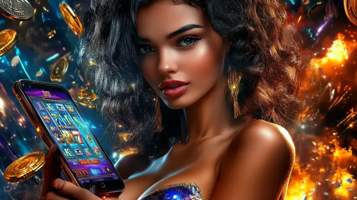 A beautiful woman with curly hair holds up a smartphone showing a vibrant slot game from 4999bet, set against a dynamic background of fire and floating gold coins.